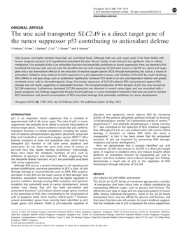 The Uric Acid Transporter SLC2A9 Is a Direct Target Gene of the Tumor Suppressor P53 Contributing to Antioxidant Defense