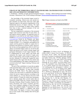 Update of the Terrestrial Impact Crater Record: Crater Discovery Statistics, Size and Age Frequency Distributions