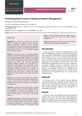 Penetrating Renal Trauma: a Review of Modern Management Phillips B*, Mirzaie M and Turco L