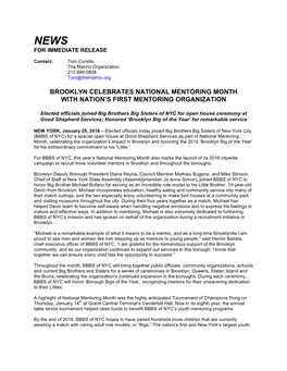 Brooklyn Celebrates National Mentoring Month with Nation’S First Mentoring Organization