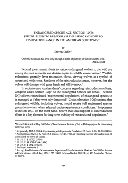 Endangered Species Act, Section 10(J): Special Rules to Reestablish the Mexican Wolf to Its Historic Range in the American Southwest