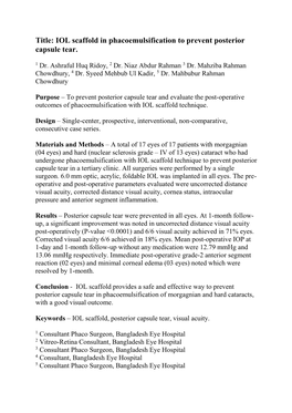 IOL Scaffold in Phacoemulsification to Prevent Posterior Capsule Tear