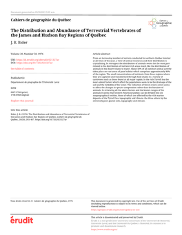 The Distribution and Abundance of Terrestrial Vertebrates of the James and Hudson Bay Regions of Québec J