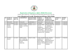 List of Registered Locally Manufactured Drugs (2016-2018) S/N NAME of NAFDAC COMPOSITION DOSAGE FORM, NAME & NAME and APPROVAL EXPIRY PRODUCT REG