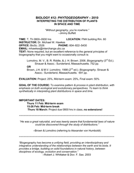 Biology 412: Phytogeography – 2010 Interpreting the Distribution of Plants in Space and Time