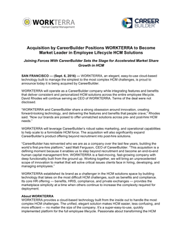 Acquisition by Careerbuilder Positions WORKTERRA to Become Market Leader in Employee Lifecycle HCM Solutions