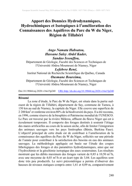 Apport Des Données Hydrodynamiques, Hydrochimiques Et Isotopiques À L’Amélioration Des Connaissances Des Aquifères Du Parc Du W Du Niger, Région De Tillabéri
