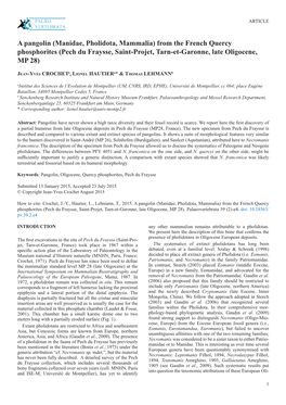 A Pangolin (Manidae, Pholidota, Mammalia) from the French Quercy Phosphorites (Pech Du Fraysse, Saint-Projet, Tarn-Et-Garonne, Late Oligocene, MP 28)