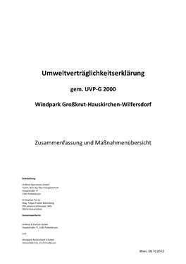 Gem. UVP-G 2000 Windpark Großkrut-Hauskirchen-Wilfersdorf Zusammenfassung Und Maßnahmenübersicht