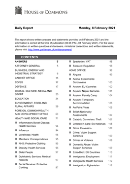 Daily Report Monday, 8 February 2021 CONTENTS