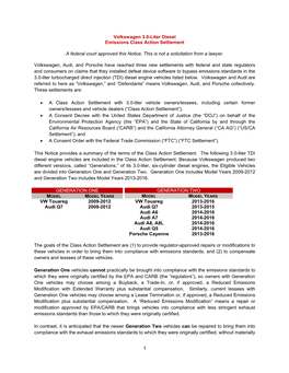 1 Volkswagen 3.0-Liter Diesel Emissions Class Action Settlement a Federal Court Approved This Notice. This Is Not a Solicitation