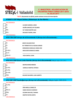 C. Maestros. Adjudicacion De Vacantes Para Curso 2017-2018 14 Julio 2017