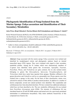 Phylogenetic Identification of Fungi Isolated from the Marine Sponge Tethya Aurantium and Identification of Their Secondary Metabolites