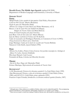 Breadth Exam: the Middle Ages Spanish (Updated 08/2008) Department of Modern Languages and Literatures, University of Miami