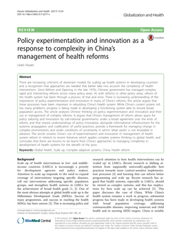 Policy Experimentation and Innovation As a Response to Complexity in China’S Management of Health Reforms Lewis Husain