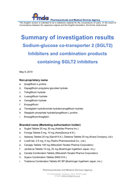 Summary of Investigation Results Sodium-Glucose Co-Transporter 2 (SGLT2) Inhibitors and Combination Products