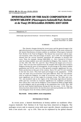 INVESTIGATION on the RACE COMPOSITION of DOWNY MILDEW (Plasmopara Halstedii Farl