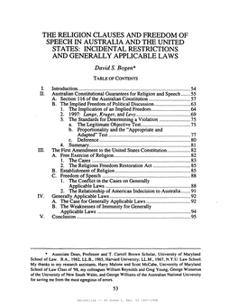 THE RELIGION CLAUSES and FREEDOM of SPEECH in AUSTRALIA and the UNITED STATES: INCIDENTAL RESTRICTIONS and GENERALLY APPLICABLE LAWS Davids