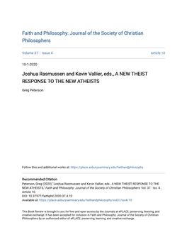 Joshua Rasmussen and Kevin Vallier, Eds., a NEW THEIST RESPONSE to the NEW ATHEISTS