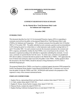 Comment Responsiveness Summary for the Mattole River