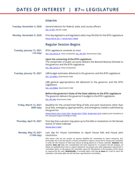 Dates of Interest | 87Th Legislature