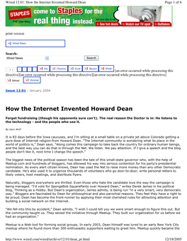 How the Internet Invented Howard Dean Page 1 of 6