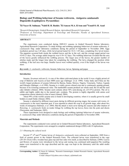 Biology and Webbing Behaviour of Sesame Webworm, Antigastra Catalaunalis Duponchle (Lepidoptera: Pyraustidae)