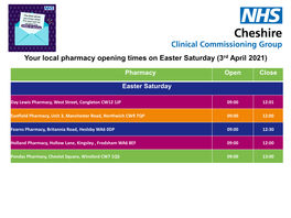Your Local Pharmacy Opening Times on Easter Saturday (3Rd April 2021)