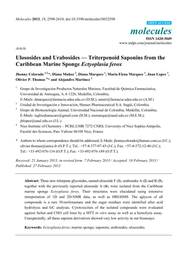 Triterpenoid Saponins from the Caribbean Marine Sponge Ectyoplasia Ferox