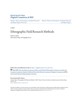 Ethnographic Field Research Methods Edicta Grullon Rhode Island College, Edictamg@Gmail.Com