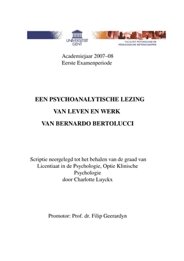 Een Psychoanalytische Lezing Van Leven En Werk Van Bernardo Bertolucci