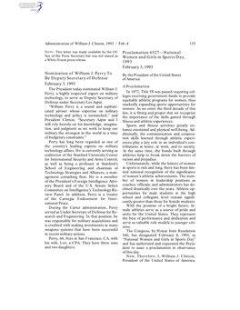 Nomination of William J. Perry to Be Deputy Secretary of Defense February 3, 1993 Proclamation 6527—National Women and Girls I