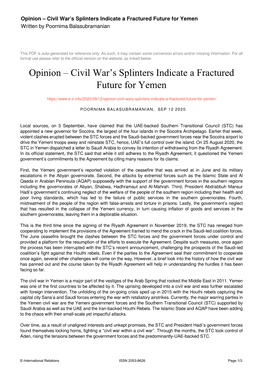 Opinion – Civil War's Splinters Indicate a Fractured Future for Yemen