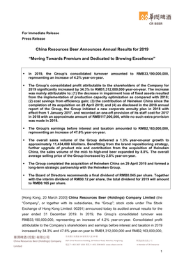 China Resources Beer Announces Annu