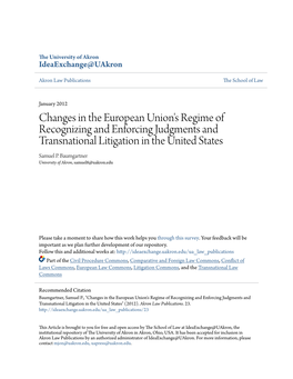 Changes in the European Union's Regime of Recognizing and Enforcing Judgments and Transnational Litigation in the United States Samuel P