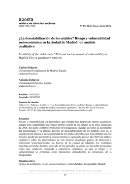 ¿La Desestabilización De Los Estables? Riesgo Y Vulnerabilidad Socioeconómica En La Ciudad De Madrid: Un Análisis Cualitativo