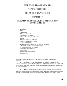 Code of General Ordinances Town of Glenmore Brown County, Wisconsin Chapter 17 Sexually-Oriented Adult-Entertainment Establishme