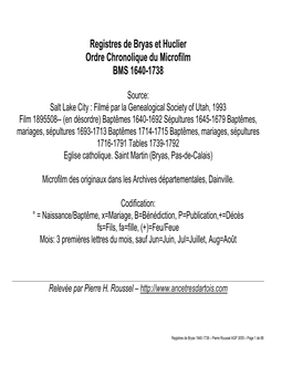 Registres De Bryas Et Huclier Ordre Chronolique Du Microfilm BMS 1640-1738