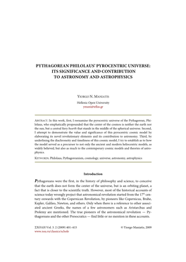 Pythagorean Philolaus' Pyrocentric Universe