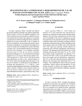 Diagnóstico De La Fertilidad Y Requerimiento De Cal De Suelos Cultivados Con Agave Azul