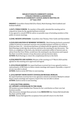 WELSH ST DONATS COMMUNITY COUNCIL CYNGOR CYMUNED LLANDDWUDD MINUTES of COMMUNITY COUNCIL REMOTE MEETING on 23Rd June 2020