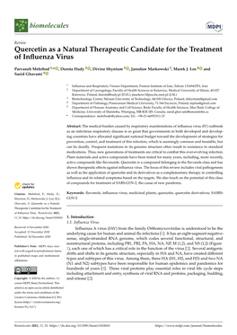 Quercetin As a Natural Therapeutic Candidate for the Treatment of Inﬂuenza Virus