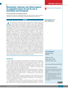 Biochemical, Molecular and Clinical Aspects of Coagulation Factor VII and Its Role in Ferrata Storti Foundation Hemostasis and Thrombosis