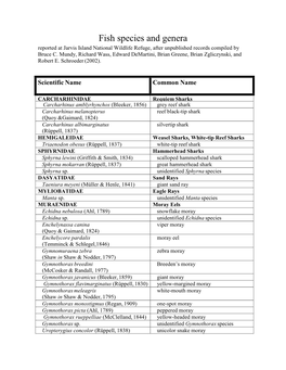 Fish Species and Genera Reported at Jarvis Island National Wildlife Refuge, After Unpublished Records Compiled by Bruce C