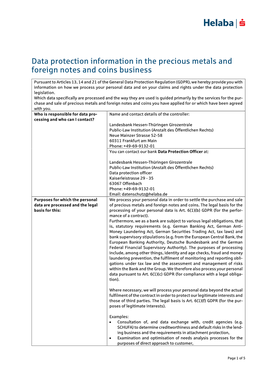 Data Protection Information in the Precious Metals and Foreign Notes and Coins Business