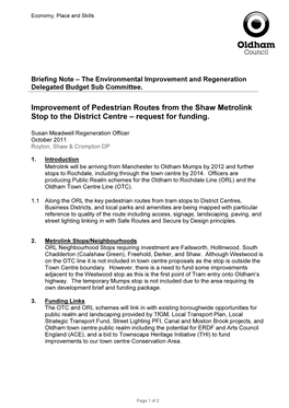 Improvement of Pedestrian Routes from the Shaw Metrolink Stop to the District Centre – Request for Funding