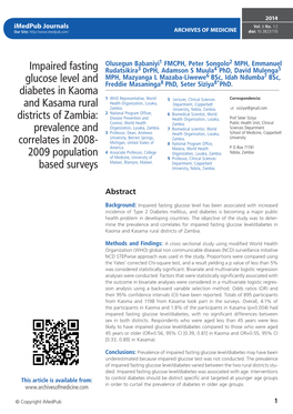 Impaired Fasting Glucose Level and Diabetes in Kaoma and Kasama