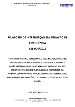 Relatório De Interrupção Em Situação De Emergência Rse 004/2019