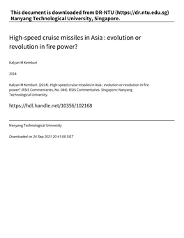 High‑Speed Cruise Missiles in Asia : Evolution Or Revolution in Fire Power?