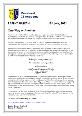 Manshead CE Academy PARENT BULLETIN 19Th July, 2021 One